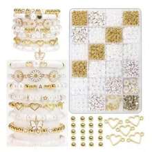 1000 peças Kit DIY para fazer pulseiras de pérolas falsas, inclui pingentes de margarida, contas de letras douradas de acrílico, pingentes de liga metálica, contas douradas em forma de coração, material para fazer joias femininas em estilo pastoral - Tamanho único. - View 1