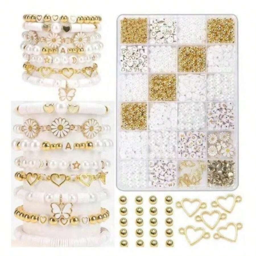 1000 peças Kit DIY para fazer pulseiras de pérolas falsas, inclui pingentes de margarida, contas de letras douradas de acrílico, pingentes de liga metálica, contas douradas em forma de coração, material para fazer joias femininas em estilo pastoral - Tamanho único. - View 1