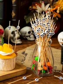100pcs/Set Skull Fruit Picks, Rooster Tail Picks, Creative Hamburger And Pastry Picks, Bamboo Skewers. Suitable For Christmas And Day Of The Dead Theme Parties, Enhance Party Atmosphere, Rooster Tail Picks - View 2