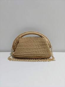 極簡純色粗針織手提包，手工編織離合包配可拆卸金色鏈條肩帶，女款休閒純色針織斜背包 - 彩色 - 查看 11