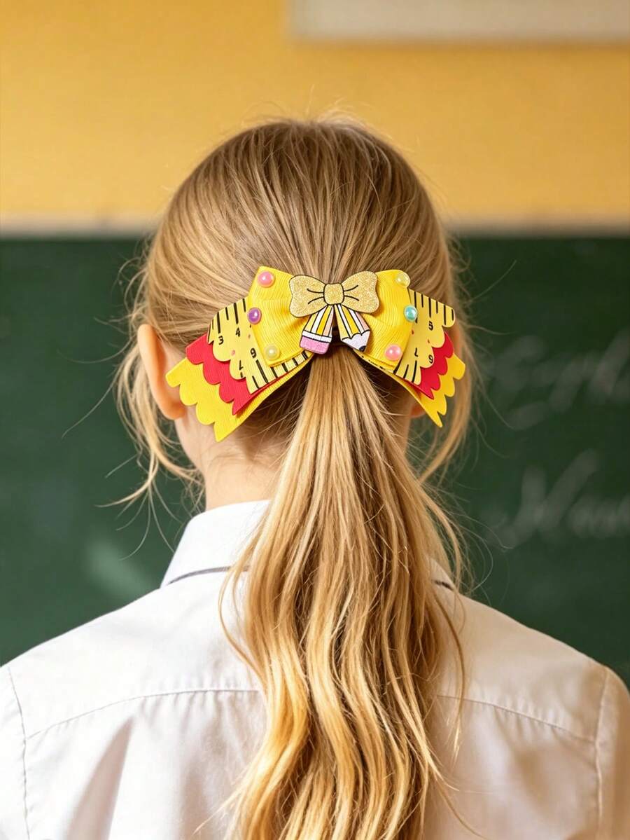 1pc Back To School Hair Bow For Girls Cute Pencil Ruler Bow Hair Clip Yellow Red Grosgrain Ribbon Hair Barrette Tees Hair Accessories - Yellow - View 1