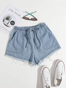 Shorts bajo crudo con bolsillo con parche de cintura con nudo - Lavado ligero - Ver 1