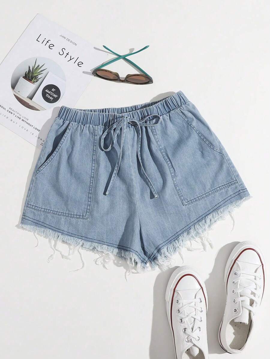 Shorts bajo crudo con bolsillo con parche de cintura con nudo - Lavado ligero - Ver 1