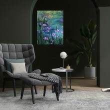 Póster plano 2D, 2D plano, 2D plano de 1 pieza con marco de madera de arte vintage que muestra la pintura al óleo de  de Agapanthus púrpura en el estilo de Claude , perfecto para la decoración del hogar en Navidad y Nochebuena - Enmarcado - Ver 2