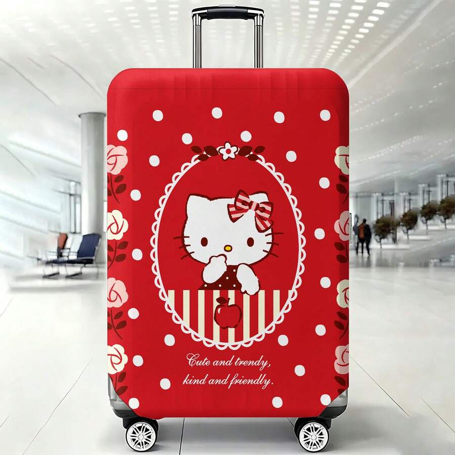 Miniso 復古 Hello Kitty 紅色波點行李箱套，彈性可水洗行李箱保護套，花卉邊框防刮防塵旅行保護套 - 顏色 - 查看 1