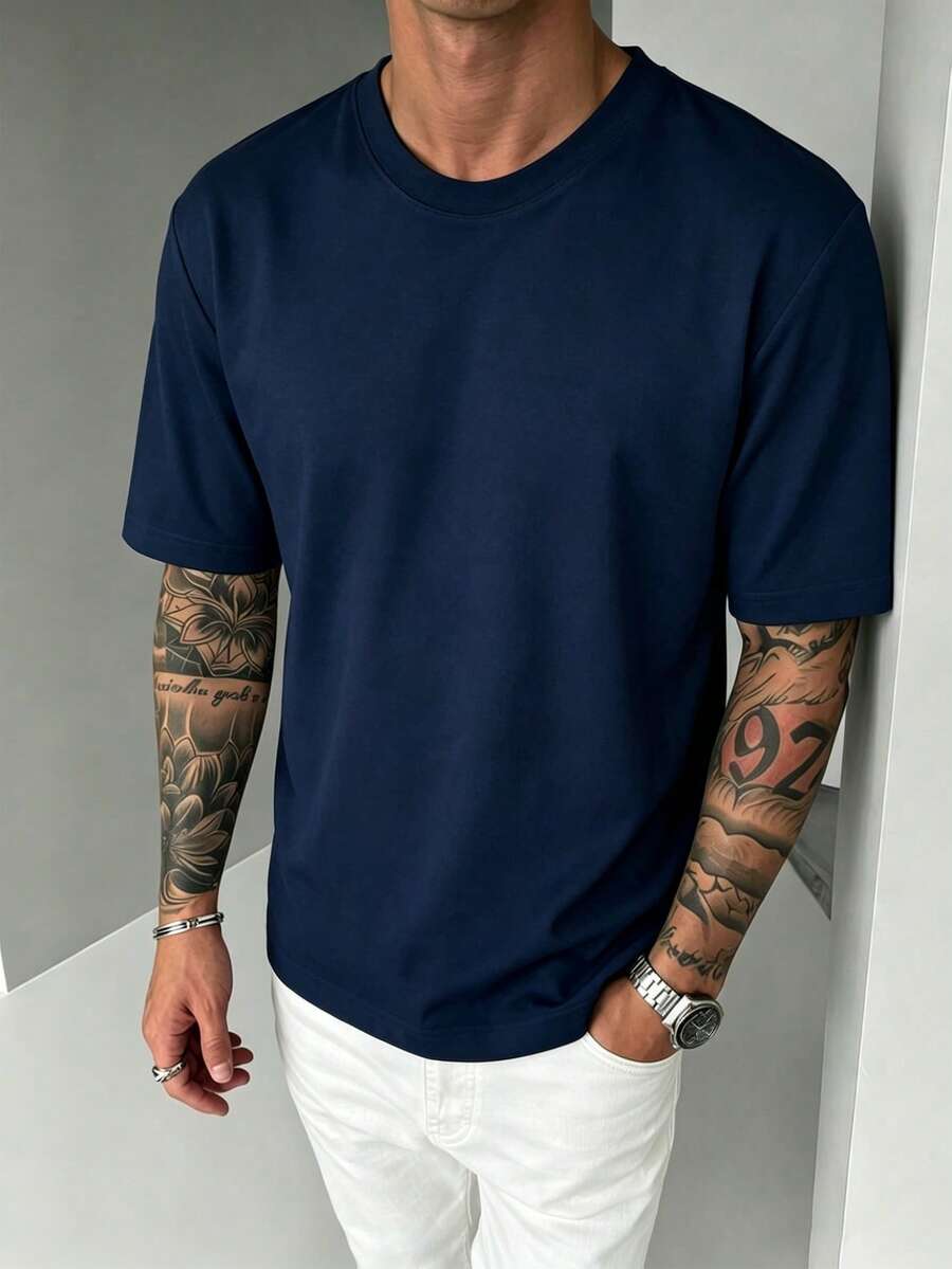 100% Cotton T-Shirt, Men's Solid Color Basic Oversized T-Shirt, Casual Versatile Daily Wear Short Sleeve Crew Neck Top - 海軍藍色 - 查看 1