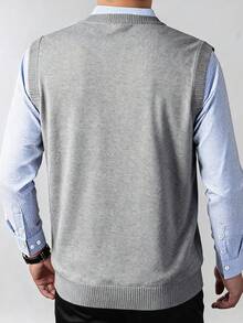 Chaleco de punto sin mangas para hombre, cuello en V, color liso, estilo minimalista versátil, para uso diario, casual y oficina, ideal para capas - Gris - Ver 6