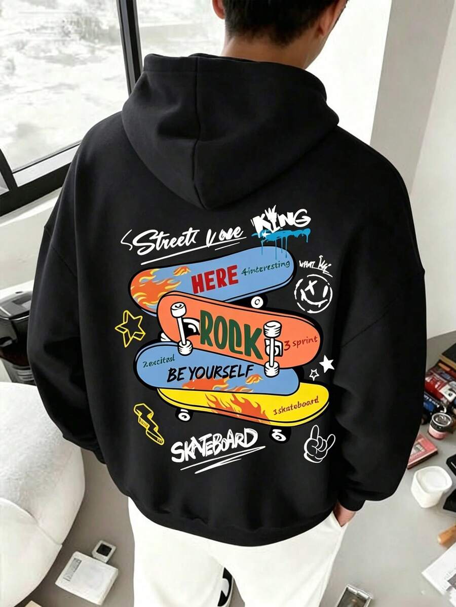 Young Boy Skateboard Print Long Sleeve Casual Warm Sweatshirt, Autumn/Winter - Black - View 1