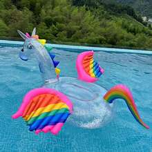 Viral Sequin Unicorn Inflatable Float, Adult Pool Ride-On, Style Photo Prop, Summer Pool Party Inflatable Float Bed, Oversized Thickened Rainbow Unicorn Swimming Float Mat, Vacation Photo Essential, Viral Transparent Sequin Unicorn Inflatable Water Float - Inflatable Rainbow Transparent Unicorn Pegasus - View 7