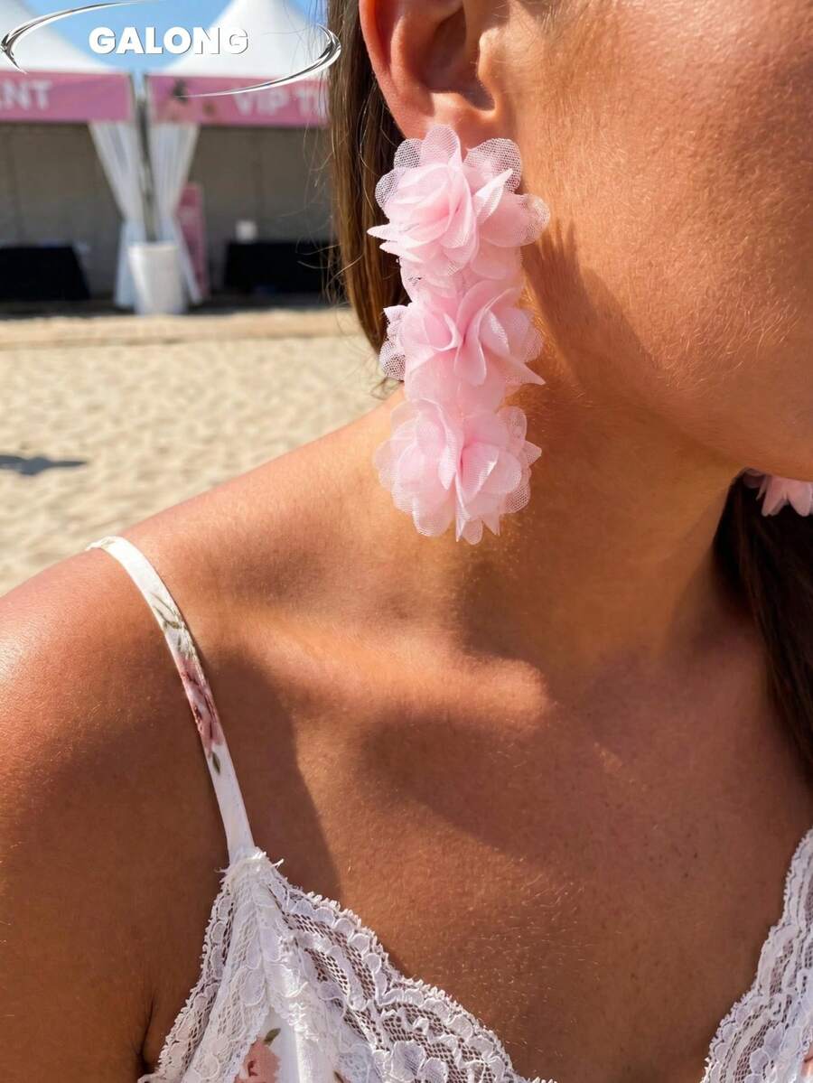 Bohemian Orange Mesh Flower Long Earrings, Vacation Style Lightweight Chiffon Dangle Earrings, Personalized Vintage Ear Jewelry