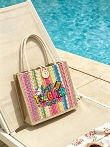 "Best Teacher" Floral Letter Print Linen Tote Bag, Reusable Printed Shopping Bag, Suitable For Commuting And Back To School - Multicolor - View 2
