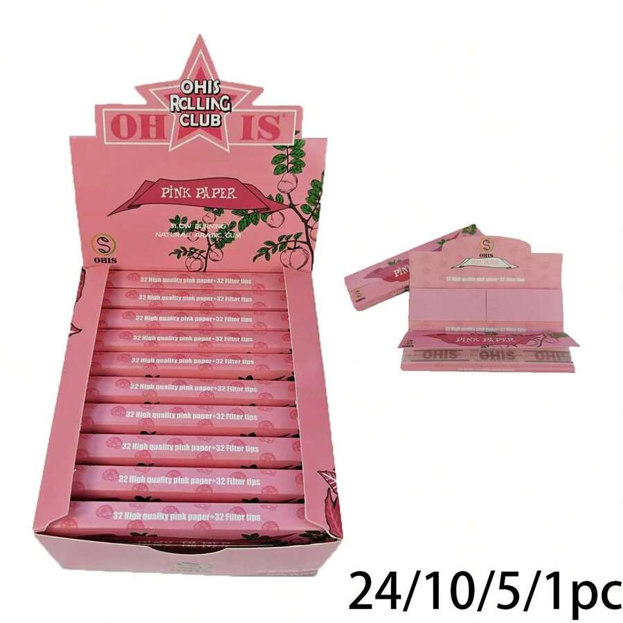 24/10/5/1 包 OHIS 粉色捲菸紙:每包含 32 張高品質粉色捲菸紙 + 32 個濾嘴 - 慢燃、可調尺寸、吸菸者的完美禮物 - 手捲菸配件 - - 110mm 慢燃捲菸紙 - , 平滑燃燒。聖誕禮物、萬聖節禮物、生日禮物。 - 粉色 - 查看 1