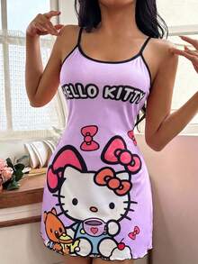 SANRIO 1件 Hello Kitty 粉色休闲可爱舒适简约吊带裙（女款） - 淡紫色 - 查看 2