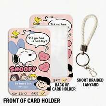 MINISO Sweet Snoopy Peanuts 動漫直式滑卡套，可愛卡通 ID 名牌套，附編織皮革掛繩鑰匙圈吊飾，開學季黃色粉色學生女孩禮物 - 粉紅色-白色繩子 - 查看 6