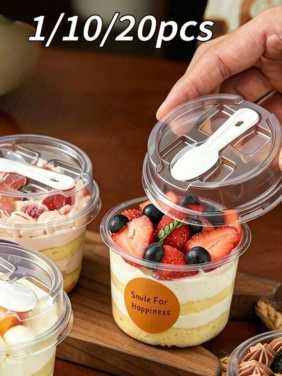 Cốc pudding tròn tái sử dụng kèm nắp và thìa, cốc tráng miệng sáng tạo, hộp bánh mousse trong suốt, cốc sữa chua, phù hợp cho sinh nhật, lễ tốt nghiệp, tiệc khẩu phần đơn, đám cưới