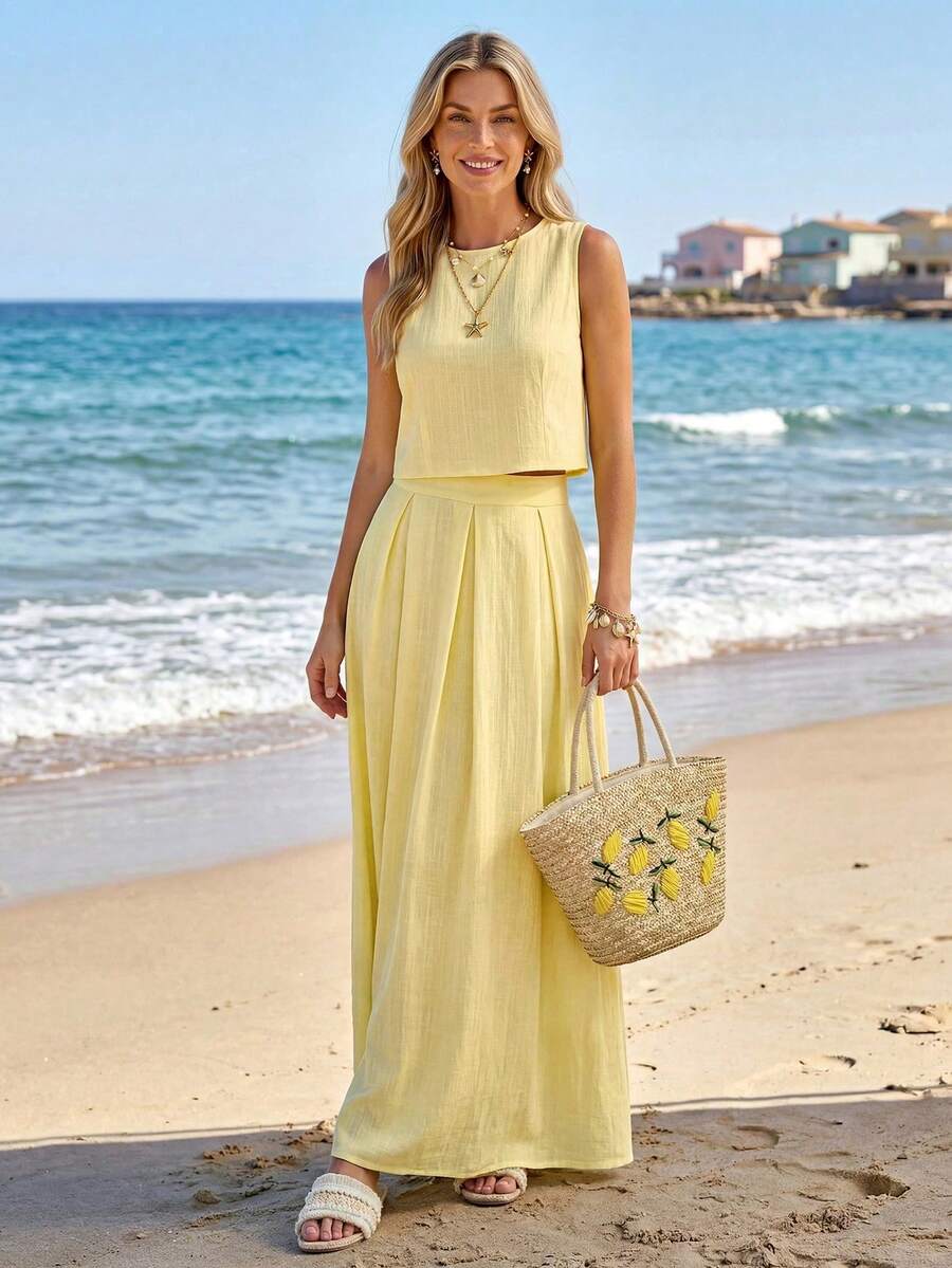 Conjunto de 2 piezas de top sin mangas y falda de rayas casuales para mujer, ideal para vacaciones de verano y uso diario - Amarillo - Ver 1
