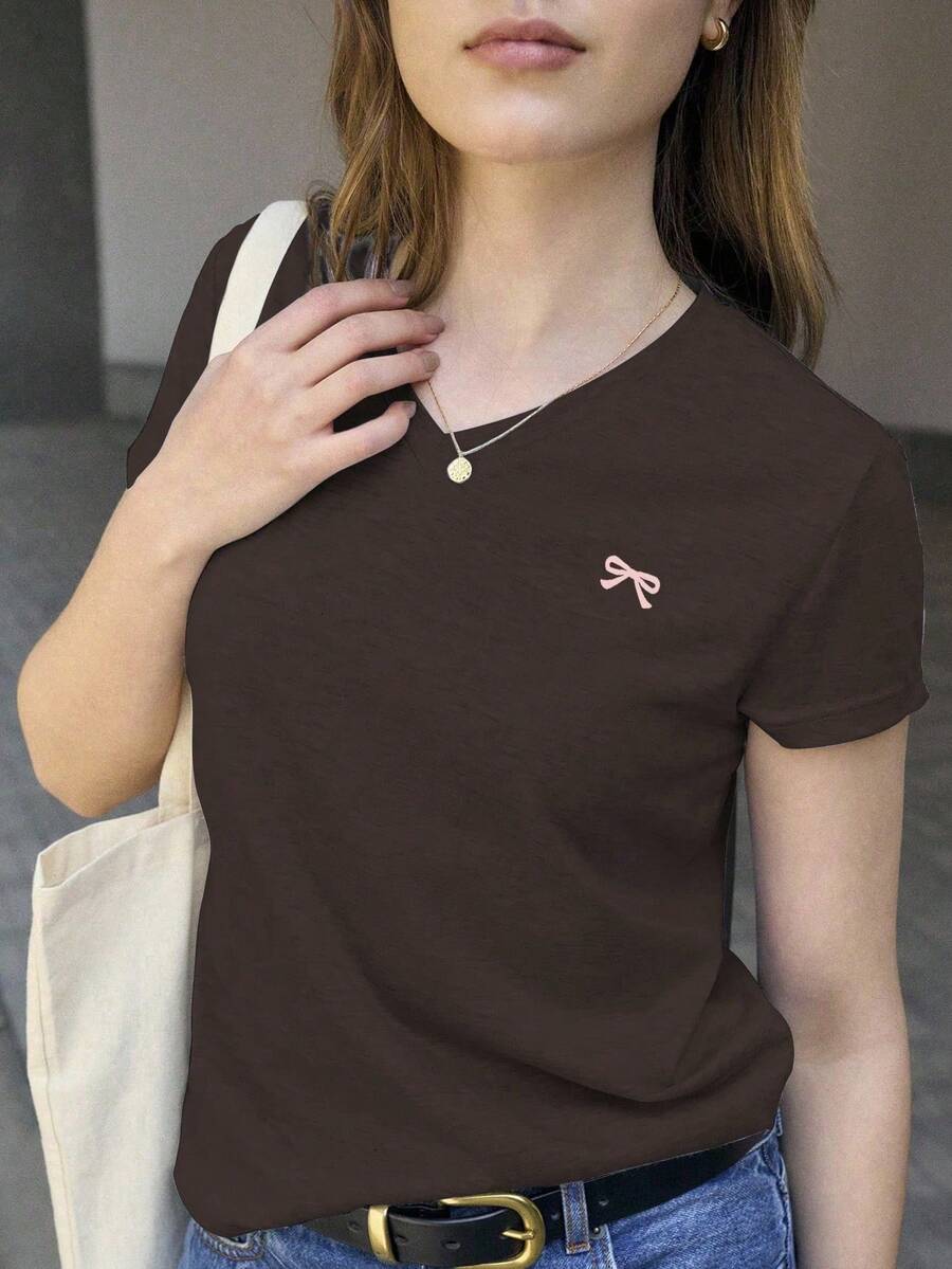 casual de mujer con cuello en V y manga corta con estampado de lazo - Café integral - Ver 1