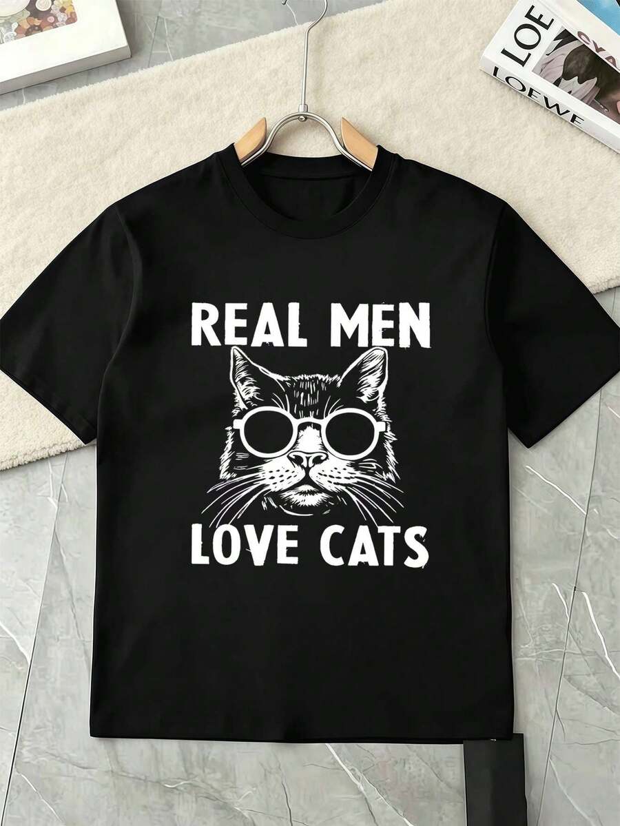 Men's Funny Cat Print T-Shirt, Black, Crew Neck, Loose Fit, Casual, Comfortable, Unique Graphic Print - Black - View 1