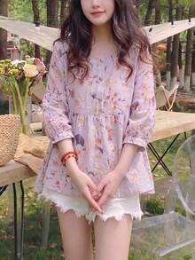 YUXIN 夏季新款宽松甜美七分袖圆领娃娃衫，时尚蝙蝠袖碎花衬衫 - 淡紫色 - 查看 5