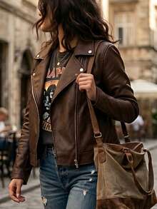 Stylish Women's Leather Jacket - 鏽棕色 - 查看 1
