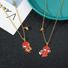 Marvel 1 Pair 2pcs/Set Spider-Man Anime Cartoon Heart Pendant Necklace, Suitable As Small Gift For Fans, Family And Friends, Cool Summer Pendant, Best Choice For Besties/Couples, Summer Vibe Daily Wear Accessory - Multicolor - View 3