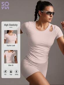 Soyun Gaun Yoga Wanita Terusan dengan Detail Kerut dan Bra Terintegrasi, Cocok untuk Olahraga, Kebugaran, dan Yoga - Berwarna merah muda - View 9