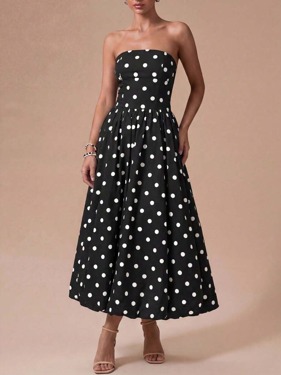 Elegante vestido midi de lunares retro sin tirantes con bajo abullonado - Adecuado para invitados de boda, fiestas, playa, vacaciones de verano, salidas y ceremonias de graduación Blanco - Negro - Ver 1