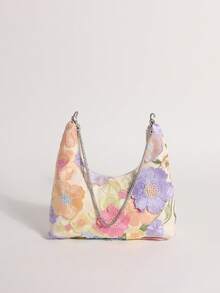 Yellow-Green Lace Hollow Floral Hobo Shoulder Bag With Sparkling Rhinestones For Women, Suitable For Vacation (Floral Pattern Randomly Distributed) - Multicolor - View 6
