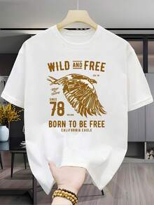 Camiseta de hombre% algodón, base negra con diseño de águila californiana dorada, combinación de patrón de alas y texto, diseño de estilo libre y atrevido, unisex (para hombres y mu - Blanco - Ver 1