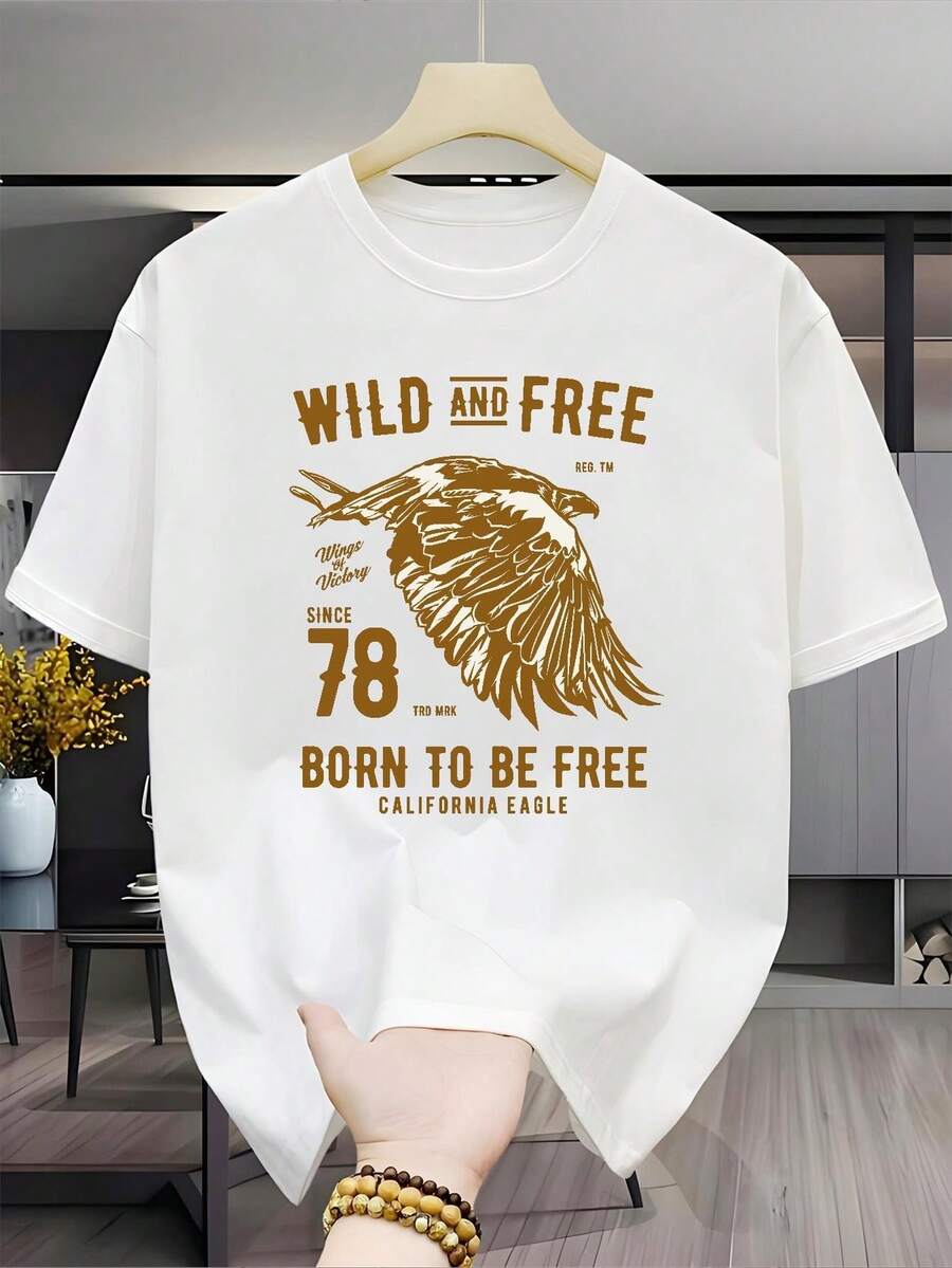 Camiseta de hombre% algodón, base negra con diseño de águila californiana dorada, combinación de patrón de alas y texto, diseño de estilo libre y atrevido, unisex (para hombres y mu - Blanco - Ver 1