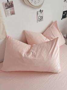 Blue And White Color-Block Washed Polyester Fiber Skin-Friendly 3 PiecesDuvet Cover Set - Baby Pink - View 6