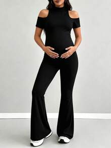 Mono de maternidad de unicolor con hombros descubiertos negro para verano - Negro - Ver 4