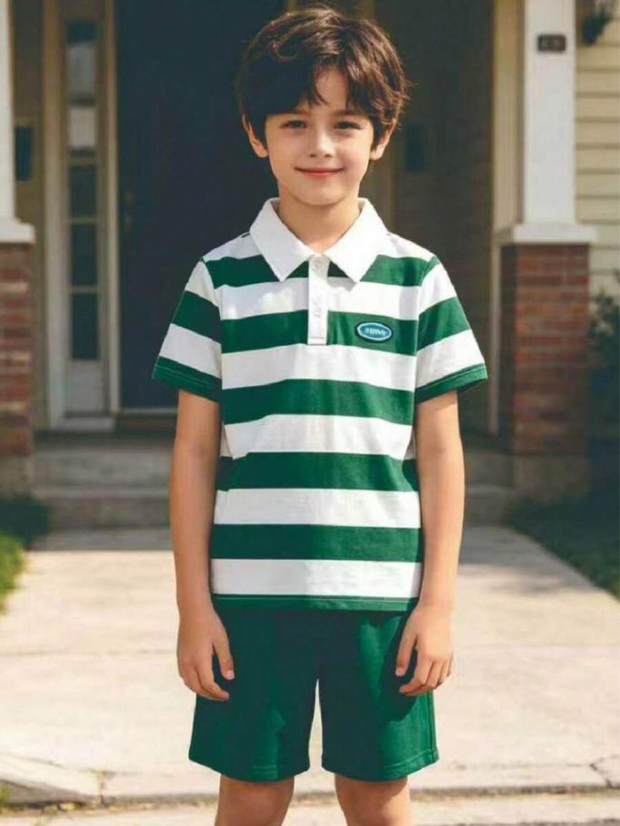 2pcs/Set Boys' Casual Striped Print Pattern Button Design Polo Collar Short Sleeve Top And Solid Color Straight Shorts, Spring/Summer - Green - View 1