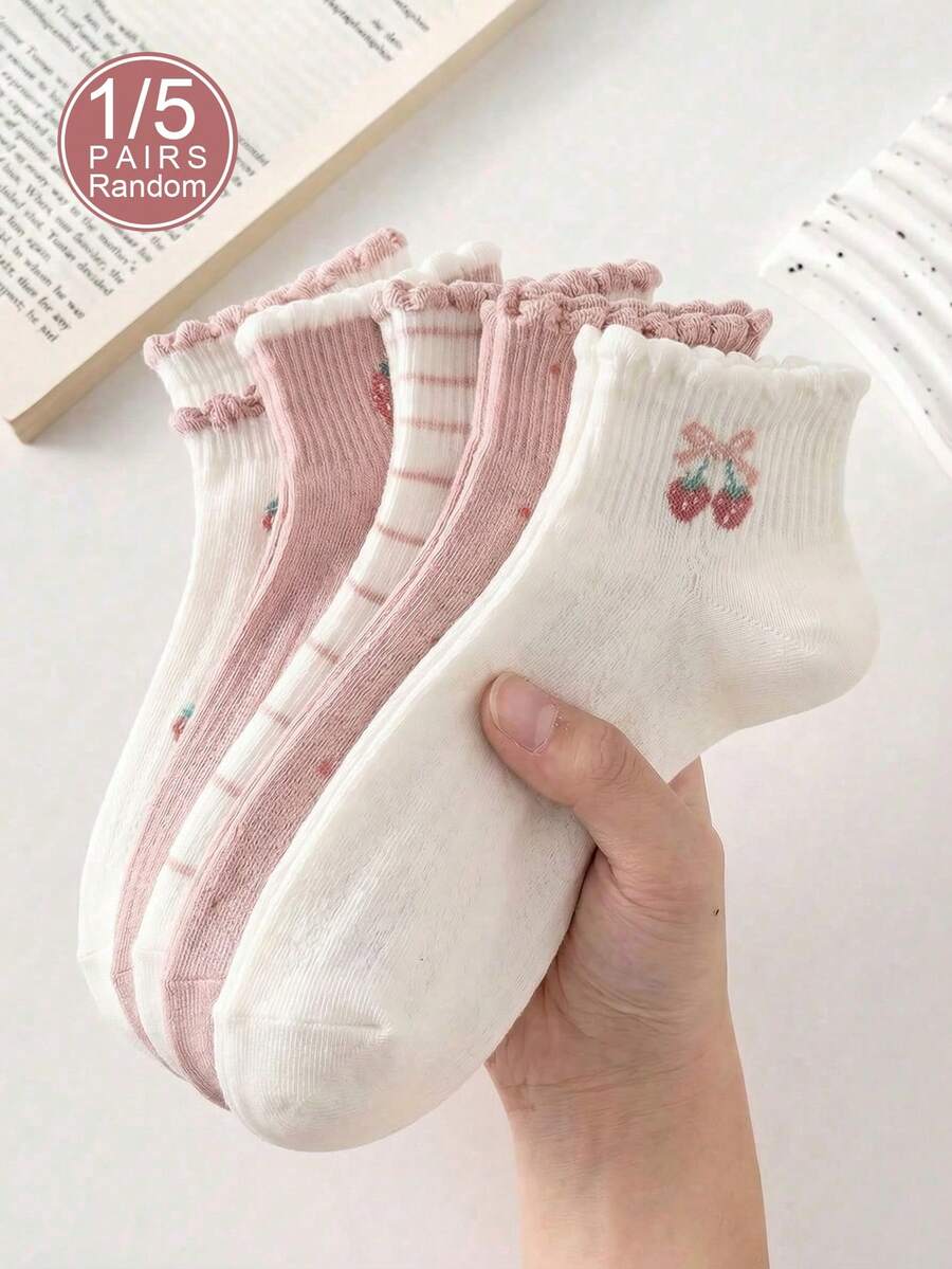 1/5雙女款隨機草莓櫻桃時尚低筒襪,柔軟舒適透氣親膚百搭可愛,適合日常出遊 - 彩色 - 查看 1