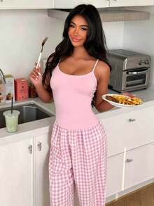 2pcs/Set Women's Summer New Style, Solid Color Camisole Tank Top And Plaid Long Pants Pajama Set - Pink - View 3