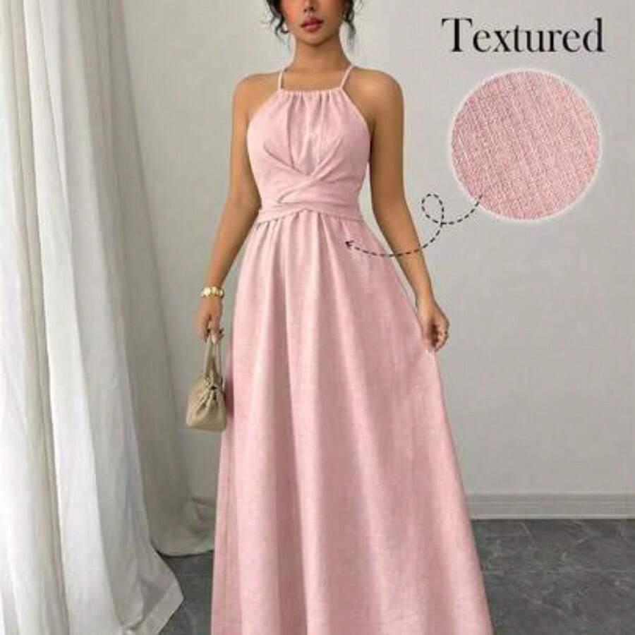 Vestido elegante de mujer con cuello halter, corte en la cintura, twist y bloque de color asimétrico, para primavera/verano - Rosa Pálido - Ver 1