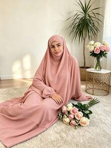 2件組 Nida面料女款寬鬆舒適Khimar長袍套裝，適合日常外出與祈禱穿著，四季皆宜，穆斯林伊斯蘭服飾Khimar頭巾祈禱吉爾巴布 - 彩色 - 查看 3