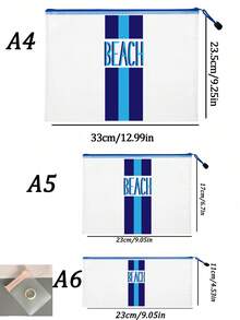 多色時尚防水PVC沙灘包，對比色條紋「Beach」印花，彩色字母印花，A4尺寸，透明化妝包，尼龍拉鍊，適合游泳、潛水和夏季度假，輕量，中性，沙灘包配件，旅行必需品，旅行配件，度假必需品。開學用品盥洗包，大容量洗澡包，女性禮物，郵輪必需品 - 彩色 - 查看 10