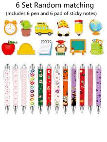 12/6/1 Set - Bolígrafos Retráctiles con Estampado Lindo + Notas Adhesivas de Dibujos Animados (20 Hojas), Regreso a la Escuela, Navidad, Día de San Valentín, Halloween, Regalo de Papelería para Maestro y Estudiante - Sacar papel - Ver 13