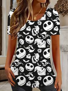 Disney, Jack Skellington And Ghosts Print, Round Neck Short Sleeve T-Shirt, For Halloween Party And Casual Wear - Multicolor - View 1