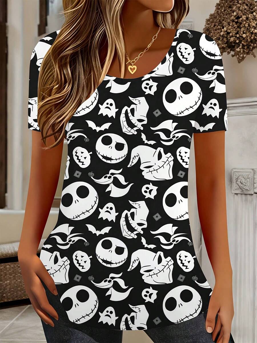 Disney, Jack Skellington And Ghosts Print, Round Neck Short Sleeve T-Shirt, For Halloween Party And Casual Wear - Multicolor - View 1