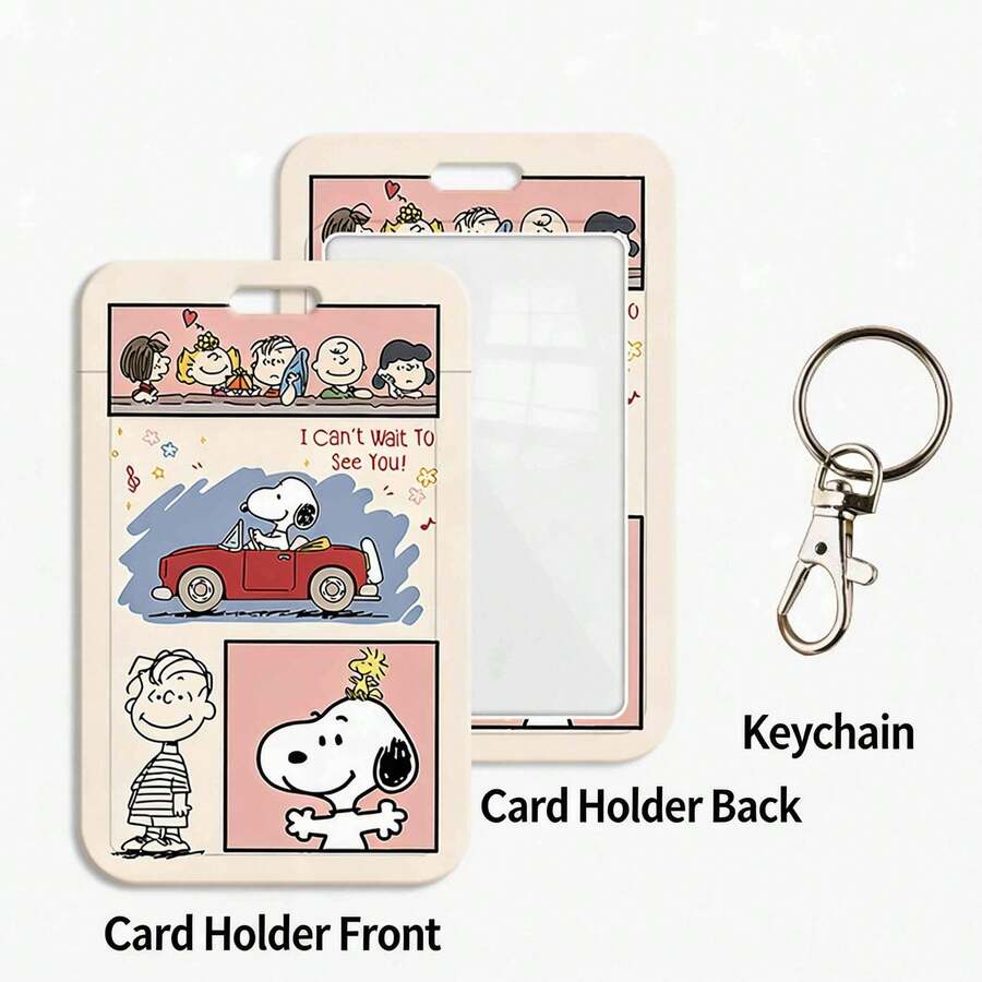 MINISO Snoopy Peanuts 滑動式卡套,附掛繩、鑰匙圈或編織皮革掛繩,開學季可愛復古動漫角色學生證/交通卡保護套 - 樣式 1 - 查看 1