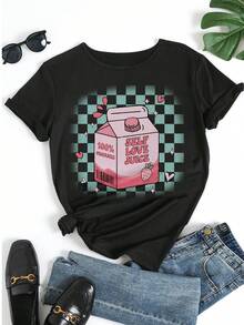 Damen Kurzarm T-Shirt aus reiner Baumwolle, süßes Self Love Saft Grafikdruck, karierter Hintergrund, lässiges Tee für den täglichen Gebrauch - Schwarz - Übersicht 5