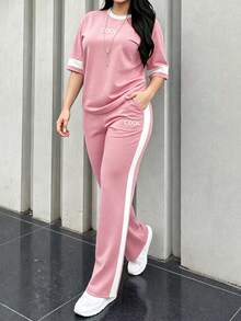 Women's New Round Neck Short Sleeve T-Shirt And Elastic Waist Loose Pants 2 Pieces Set, Suitable For Spring, Summer And Autumn Pink Elegant - Pink - View 1