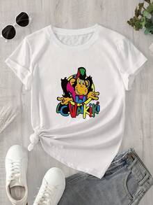 Camiseta de manga corta para mujer de la serie LC Waikiki con estampado de mono de dibujos animados, ideal para primavera/verano. El regalo perfecto para las fiestas. - Blanco - Ver 1