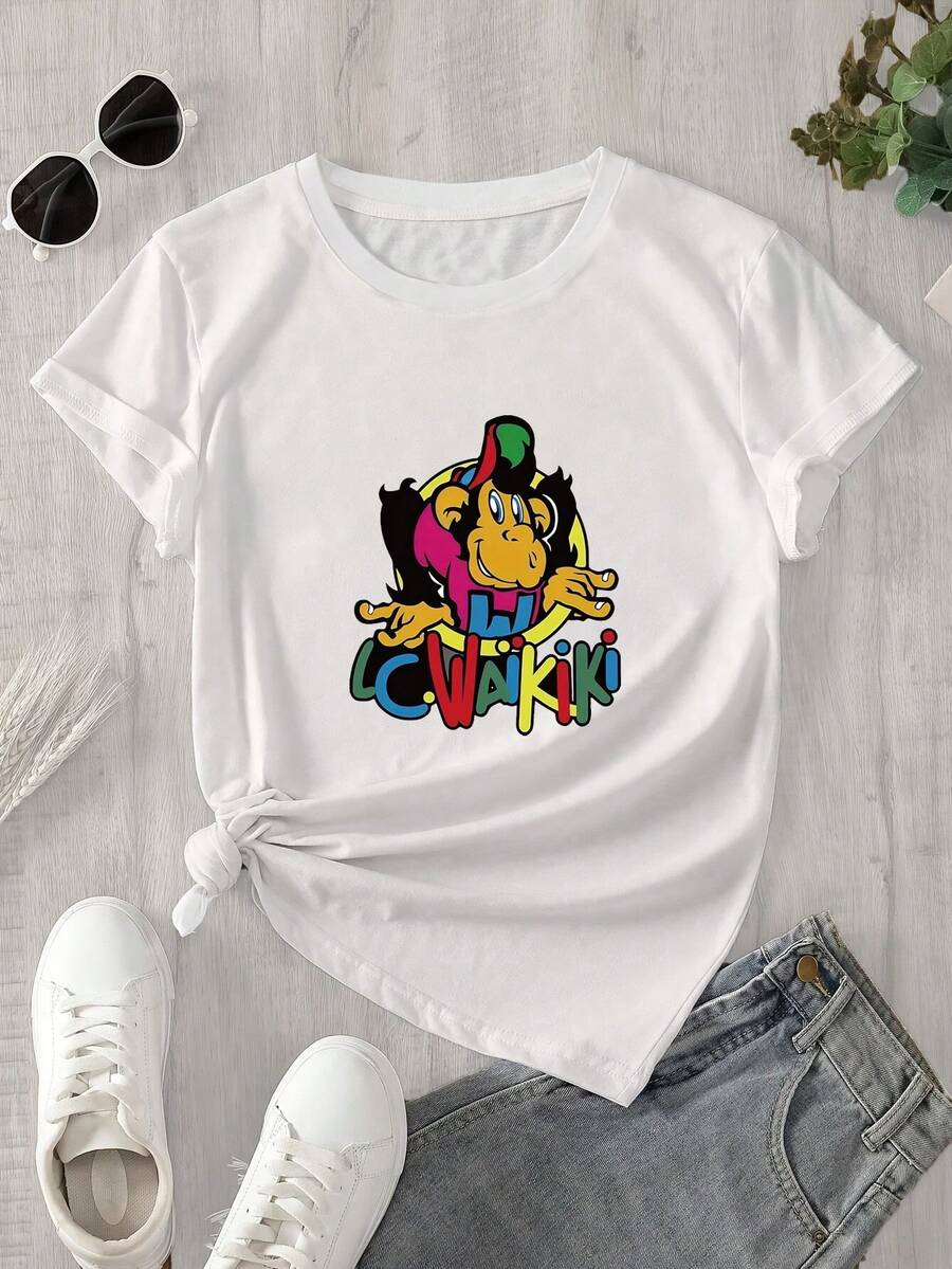 Camiseta de manga corta para mujer de la serie LC Waikiki con estampado de mono de dibujos animados, ideal para primavera/verano. El regalo perfecto para las fiestas. - Blanco - Ver 1