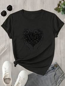 Camiseta estampada para mujer, 1 unidad, manga corta, primavera/verano, el regalo perfecto para las fiestas. - Negro - Ver 1