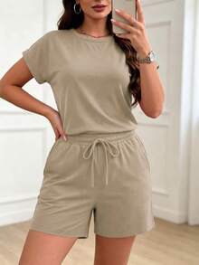Spring/Summer/Autumn Women's Solid Color Short Sleeve Retro Round Neck T-Shirt & Elastic Waist Drawstring Shorts, PJ-Style Outfit Elegant - Apricot - View 5
