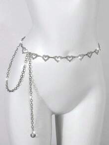 1pc Hollow Heart-Shaped Rhinestone Waist Chain, Shiny Adjustable Body Chain, Women's Dress Accessory - Silver - View 8