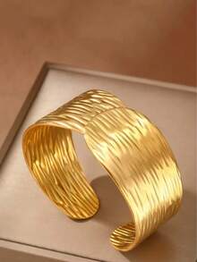 Luxury Chunky Water Ripple Wide Bangle, Adjustable Open Stainless Steel Jewelry For Women - Multicolor - View 2